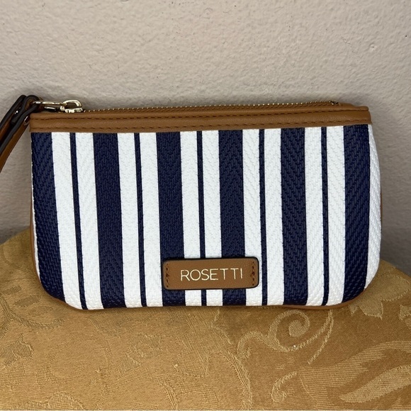Wristlet Rosetti Blue White Stripes Tan Small Bag Zip Closure Preppy Classic - Picture 3 of 6
